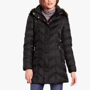 Kenneth Cole New York Women's Chevron Down Coat with Faux-Fur Trim. Size S.